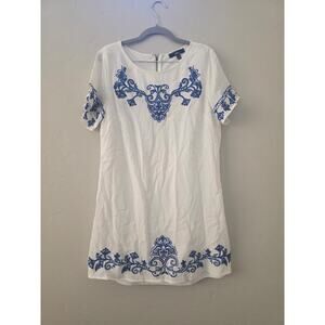 Lulus White Blue Embroidered Dress Coastal Mediterranean Tunic Shift Size L